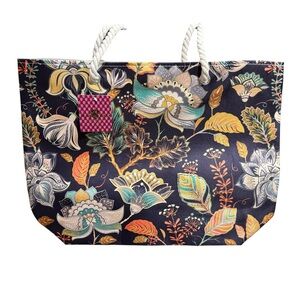 Floral Print Navy Canvas Tote Bag with Rope Handles
